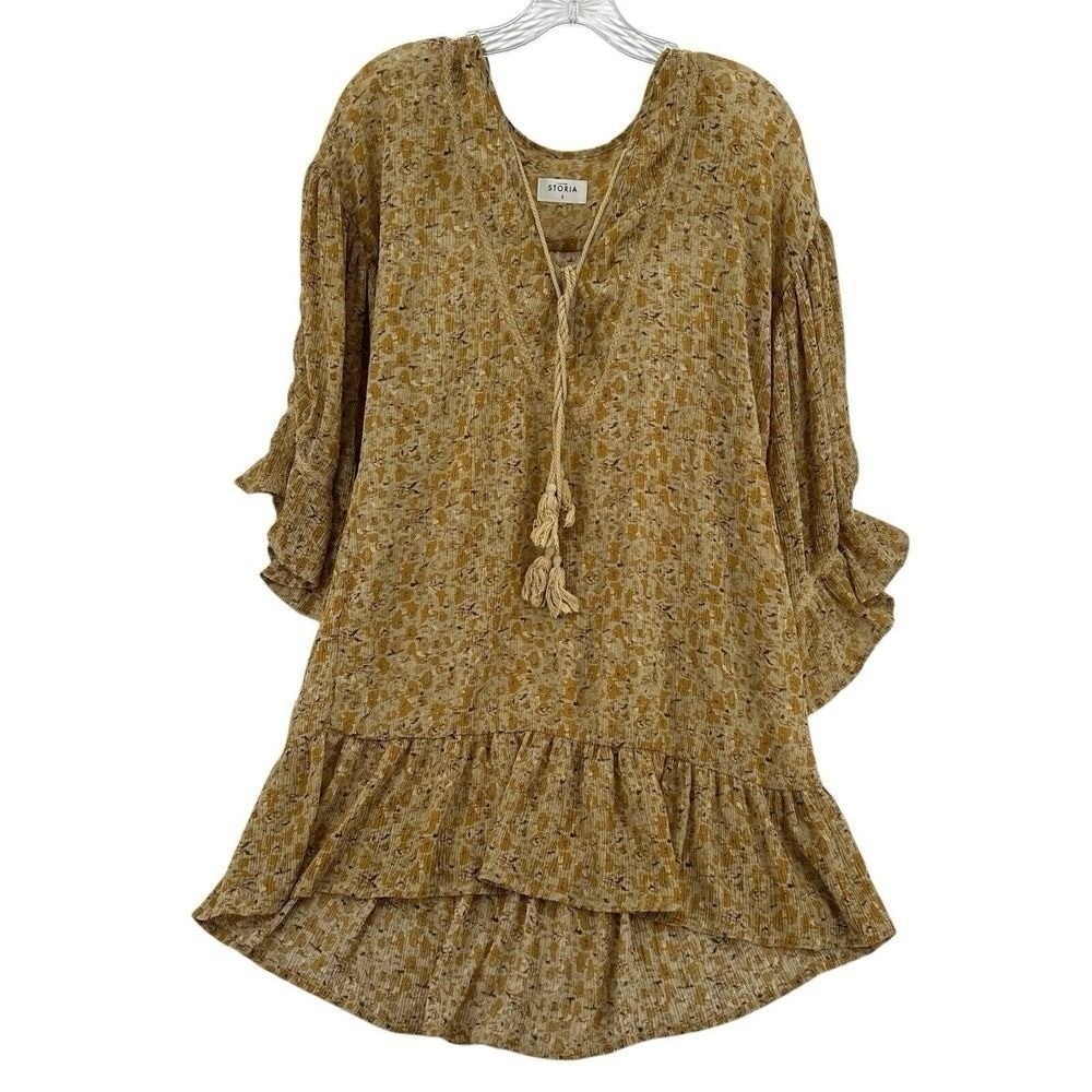Storia Mustard Yellow Floral Tassel Tunic Midi Dress Boho Revival Cottagecore S - Picture 1 of 8